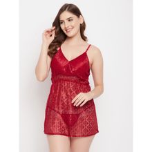 Clovia Sheer Babydoll With G-String In Red- Lace