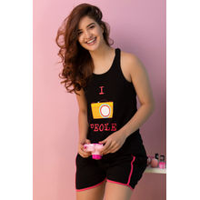 Clovia Cotton Rich Chest Print Top & Shorts Set - Black