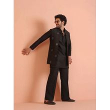 KISAH Men's Black Silk Blend Jacquard Mid Kurta with Nehru Jacket & Straight Leg Trouser