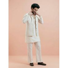 KISAH Men's Cream Cotton Silk Self Design Mid Kurta with Nehru Jacket & Straight Leg Trouser