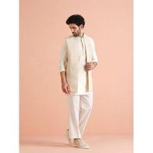 KISAH Men's Off White Silk Blend Jacquard Mid Kurta with Nehru Jacket & Straight Leg Trouser