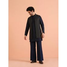 KISAH Men's Navy Blue Silk Blend Jacquard Mid Kurta with Nehru Jacket & Straight Leg Trouser