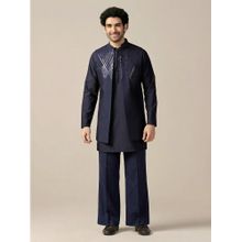 KISAH Men's Navy Blue Cotton Blend Kurta with Nehru Jacket & Straight Leg Trouser