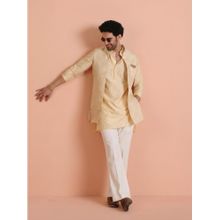 KISAH Men's Cream Silk Blend Jacquard Mid Kurta with Nehru Jacket & Straight Leg TrouserT