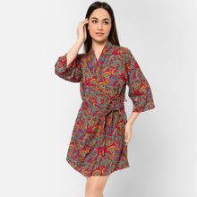 Clovia Paisley Print Robe In Multicolour - Crepe