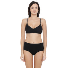 Clovia Cotton Rich Non-Padded Non-Wired T-Shirt Bra & High Waist Hipster Panty - Black