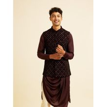 Manyavar Wine Velvet Embroidery Floral and Stone Work Jacket for Men