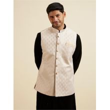 Manyavar Beige Brocade Jacket with Leaf Motifs for Men