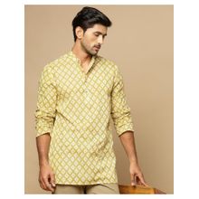 Fabindia Yellow Cotton Hand Block Printed Slim Fit Short Kurta