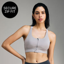 Kica Front Zip Sports Bra with Removable Pads for Mid Impact Workouts Grey