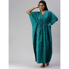 Kryptic Women Green Printed Cotton Maxi Kaftan Nightdress (Free Size)