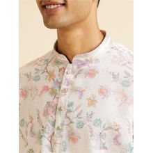 Manyavar Warm White Floral Print Short Kurta for Men