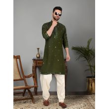 KRAFT INDIA LUXE Men'S Olive Green Cotton Silk Sequin Worked Kurta