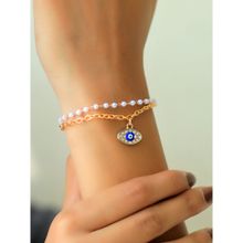 Ayesha Two Layer Seed Pearl and Chain Bracelet with Diamante Evil Eye
