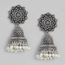 Fabula Oxidised German Silver Ethnic Floral Pearls Large Jhumka/jhumki Earrings