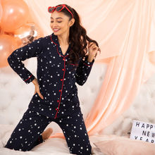 Nite Flite Women's Cotton Starry Night Full Sleeve Pyjama Set - Blue