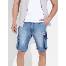 Campus Sutra Men's Blue Distressed Cargo Denim Shorts