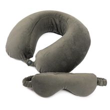 SLEEPSIA Travel Neck Pillow with Grey Velvet Memory Foam Eye Mask Combo