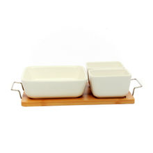 EZ Life Poppy White 3 Ceramic Bowls Set on Wooden Tray