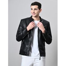 TBOJ Black Men Mandarin Collar Solid Casual Biker Jacket