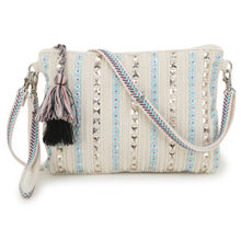 Anekaant Glid Natural & Blue Striped Sequined Cotton Corduroy & Leatherette Sling Bag
