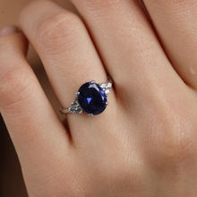 CLARA 925 Silver Rhodium Plated Swiss Zirconia Royal Blue Oval Adjustable Ring For Women & Girls