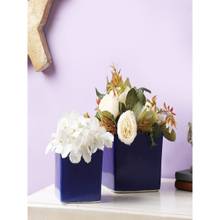 The Decor Mart Blue Ceramic Rectangle Pots for Home, Indoor, Outdoor - Set of 2 (12x12x11 cms)