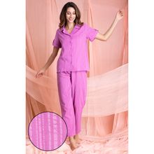 Clovia Sassy Stripes Button Me Up Shirt & Pyjama Set - Purple