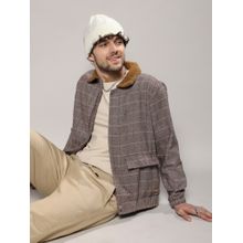 Campus Sutra Mens Brown Tartan Plaid Jacket with Fleece Collar