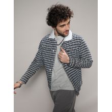 Campus Sutra Mens Navy Blue & Moon Grey Fleece Houndstooth Denim Jacket