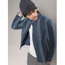 Campus Sutra Mens Black & Prussian Blue Striped Quilted Bomber Jacket