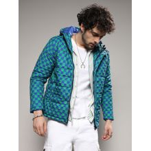 Campus Sutra Mens Royal Blue & Shamrock Green Micro Buffalo Check Puffer Jacket