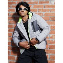 Campus Sutra Mens Light Grey Puffer Jacket with Contrast Zipper