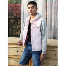 Campus Sutra Mens Pink & Grey Medium-Wash Denim Jacket with Sweatshirt Sleeve
