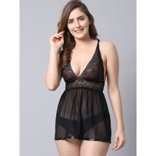 Shararat Women Lace Above Knee Baby Doll with Panty Black (Set of 2)