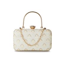 Anekaant Hue White & Gold Damask Embroidered Faux Silk Clutch (M)