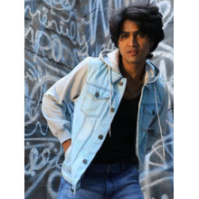 Campus Sutra Men's Blue & Grey Light-Wash Denim Jacket With Sweatshirt Sleeve