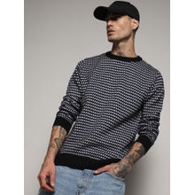 Campus Sutra Men's Black & White Contrast Textured Knit Sweater