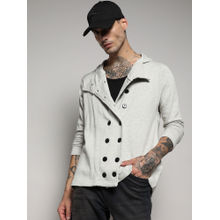 Campus Sutra Men's Light Grey Double-Breasted Jacket With Hoodie