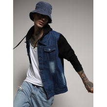 Campus Sutra Men's Blue & Black Light-Wash Denim Jacket With Sweatshirt Sleeve