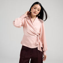 Twenty Dresses by Nykaa Fashion Blush Pink Wrap Neck Bishop Sleeves Peplum Top