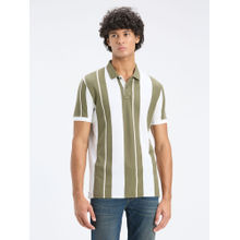 Pepe Jeans Olive Green and White Stripe Polo T-Shirt