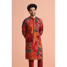 KISAH Mens Red Blended Printed Kurta