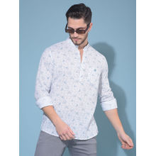 CRIMSOUNE CLUB Mens White Floral Print Linen Short Kurta