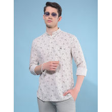 CRIMSOUNE CLUB Mens Beige Floral Print Linen Short Kurta