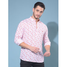 CRIMSOUNE CLUB Mens Pink Floral Print Linen Short Kurta