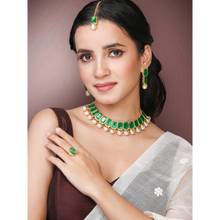 Peora Green Synthetic Stone and Pearl Studded Necklace Earrings Maangtikka Finger Ring (Set of 4)