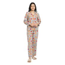 Shopbloom I Love Pizza Print Cotton Flannel Long Sleeve Women'S Night Suit - Grey