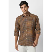 Peter England Men Cotton Checks Collar Neck Slim Fit Brown Shirt