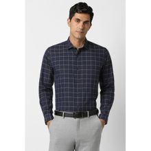 Peter England Men Cotton Blend Checks Collar Neck Slim Fit Navy Blue Shirt